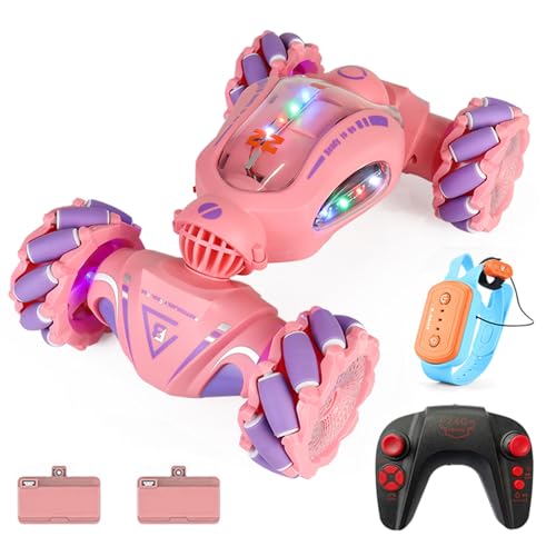 HUIOP Stunt Car 2.4GHz Car Spray Car with Function Lateral Movement,Breathing Light,Deformation,Double-Sided Driving,Wrist Watch-Dual - color: Pink, size: 2 battery