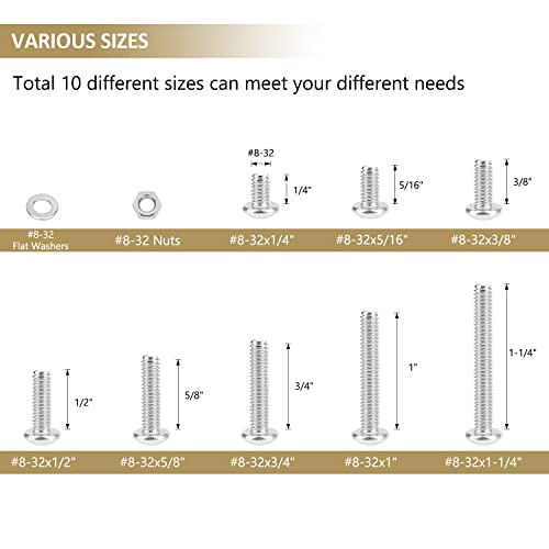 202 Pieces #8-32x 1/4", 5/16", 3/8", 1/2", 5/8", 3/4", 1", 1-1/4", Phillips Pan Head Machine Screws Nuts Washers Assortment Kit, 304 Stainless Steel, Fully Machine Thread - size: #8-32