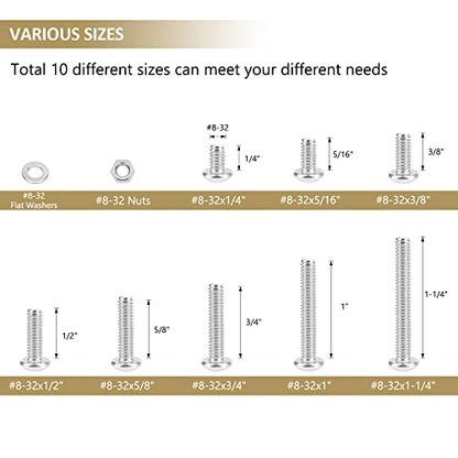 202 Pieces #8-32x 1/4", 5/16", 3/8", 1/2", 5/8", 3/4", 1", 1-1/4", Phillips Pan Head Machine Screws Nuts Washers Assortment Kit, 304 Stainless Steel, Fully Machine Thread - size: #8-32