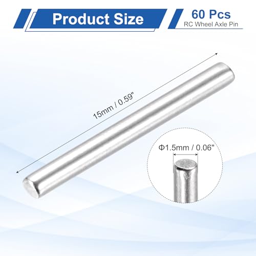 MECCANIXITY 60 Pack Dowel Pin Wheel, 1.5x15mm Steel Hex Wheel Hub Nut Pin Replacement for DIY RC Car Truck Boat Helicopter Model Part, Silver - size: 1.5x15mm