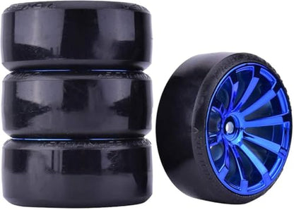 Hard Plastic 63mm Drift Car Tyres 12mm Wheels for 1/10th Scale HSP Tamiya HPI Kyosho TT02 Road Drift Car Hard Tyre Replacement, Set of 4 (Blue) - color: Blue