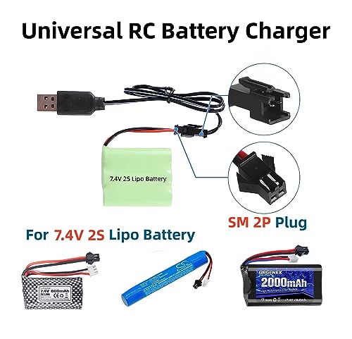 Aliwisdom Universal RC Battery Charger Cable with SM 2 Pin Connector Plug for 7.4V 2S Lipo Battery, Compatible with RC Car/Boat/Plane/Drone/Tank/Helicopters and Other Remote Control Toys