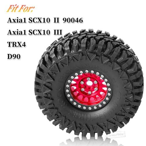 RC 1.9in Beadlock Wheels and Tires for 1/10 TRX4,Axia1 SCX10 II 90046 SCX10 III,D90 RC Crawler Car,Alloy 1.9in rc Beadlock Rims,Soft Rubber 1.9in rc Beadlock Tires,4pcs,Red - color: Red(4pcs)