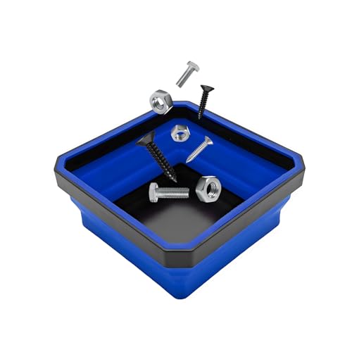 Collapsible Magnetic Parts Tray, 4.5" Square Silicone Tool Tray with Dual-Sided Magnetic Base, Foldable Small Metal Parts Organizer Storage Bowl for Screws Bolts Nuts Washers (Blue) - color: Blue