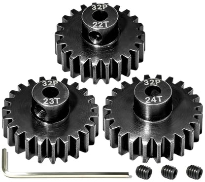 3PCS 32P Pinion Gear #45 Hardened Steel 3.175mm - 22T 23T 24T 0.8M Motor Pinion Gear Set for 1/10 RC Car, Compatible with Traxxas Arrma Tamiya Losi Brushless Brushed Motor Upgrade Parts - size: 22 23 24T