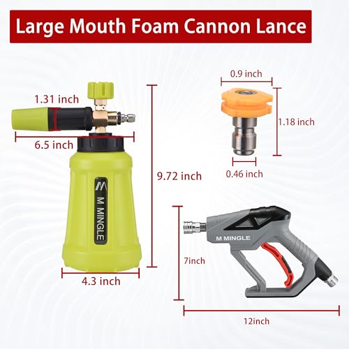 M MINGLE High Pressure Washer Gun Snow Foam Lance, 4000 PSI, 1 Liter | Foam Blaster with 1/4" Quick Connector, Car Wash Foam Cannon Kit with 5 Nozzle Tips & M22 Adapter, Generates Thick Foam - color: yellow