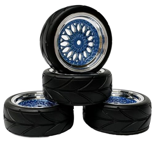 4PCS 64mm RC On Road Rubber Tires and Plastic Plating Wheel Rims Set Replacement Part for 1/10 RC Run-flating Touring Racing Drift Car Tyre(Blue Silver,Offset:3mm) - color: Blue Silver, size: Offset:3mm