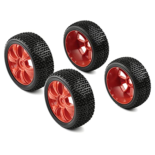 1/8 Buggy Tires and Wheels 17mm Hex with Adapters - 114mm OD Off-Road RC Tires Compatible with Arrma Typhon, Traxxas, Redcat, HSP - Includes Nuts & Wrench (Red) - color: Red 6 Spokes