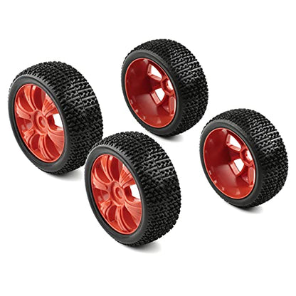 1/8 Buggy Tires and Wheels 17mm Hex with Adapters - 114mm OD Off-Road RC Tires Compatible with Arrma Typhon, Traxxas, Redcat, HSP - Includes Nuts & Wrench (Red) - color: Red 6 Spokes