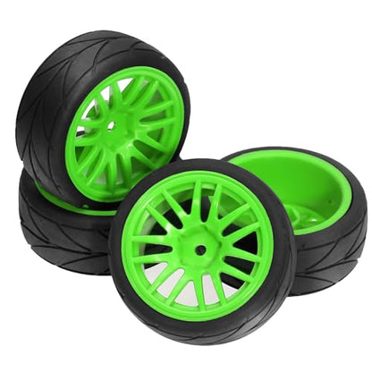1/10 RC On Road Tires OD 2.56" And Hard Plastic Rally Wheels Rims 12mm Hex for 1:10 Scale Street Racing Touring Drift Car Tamiya TT01 TT02 Traxxas XV02 XV01 TA06 HPI KYOSHO PTG2 4PCS (Green) - color: Green