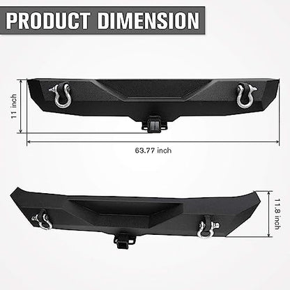 Front Bumper + Rear Bumper for 2007-2018 Wrangler JK, AAIWA Offroad Steel Bumper Full Width with 2" Hitch Receiver, LED Light Bars and D-rings - size: 2007-2018 JK Bumper with lights