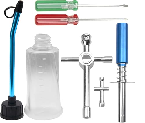 SEDLAV Nitro R/C Starter Kit Compatible with 1/8 1/10 Traxxas Redcat HSP HPI Nitro RC Car Cross Wrenches Sleeve Glow Plug Ignitor Engine Starter Tool Set RC Fuel Tank,0#+ 1#- Slot Screwdriver (1)