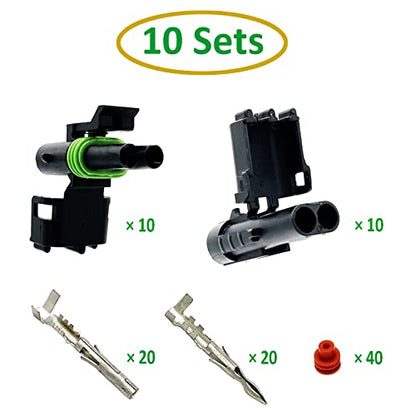 18-14 AWG 2 Pin Connector Waterproof Weather Pack Connectors Kit (10 Set) | Twippo 2 Wire WeatherPack Male and Female Automotive Electrical Wire Connectors Quick Disconnect Plug Terminals 18-14 Gauge - size: 2pin/10kit/18-14AWG