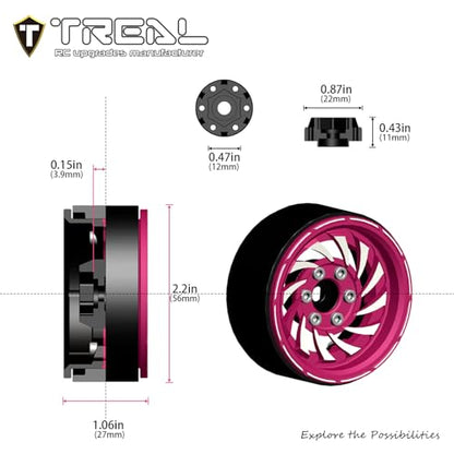 TREAL 1.9 Beadlock Wheels - Cyclone Style CNC Machined Aluminum Rims (4-Pack) Pink/Purple for 1/10 RC Crawlers TRX4, SCX10 III, and Ascent(Pink) - color: Pink