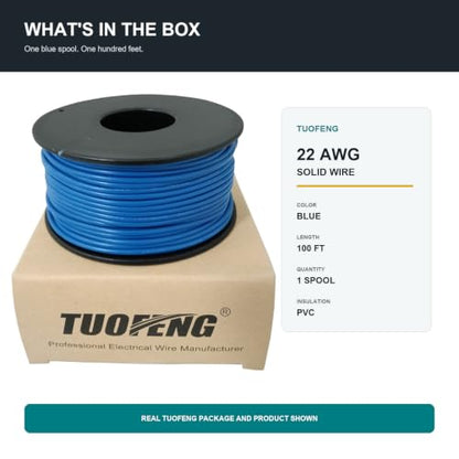 TUOFENG 22 AWG Solid Core Wire - Breadboard Jumper, Blue 100ft - size: 22 AWG solid wire blue 100ft