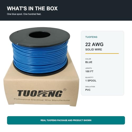 TUOFENG 22 AWG Solid Core Wire - Breadboard Jumper, Blue 100ft - size: 22 AWG solid wire blue 100ft