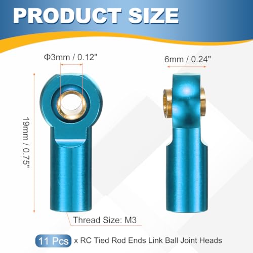 MECCANIXITY Pack of 11 Metal Tie Rod Ends M3xL19mm Ball Joints Link Blue | Steering, for 1/10 RC Hobby Car Truck Crawler DIY Upgrade - color: Blue