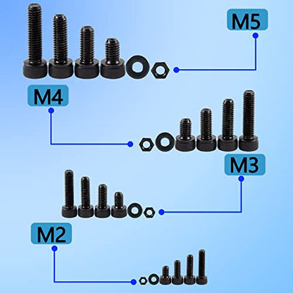 newlng Screws Assortment Kit M2 M3 M4 M5 Metric Black Bolts and Nuts Washers Set 945pcs 10.9 Carbon Steel Hex Socket Head Cap Machine Screws,for Metal Wood Plastic DIY Equipment Maintenance DIN912 - size: P-M2345