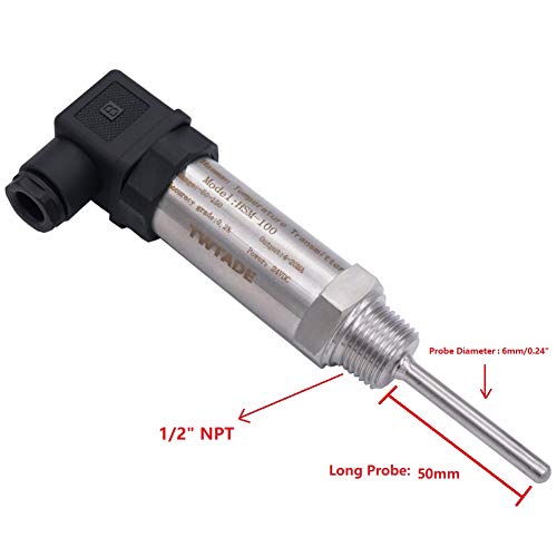 TWTADE Industrial Temperature Sensor Temperature Transmitter -50°C~+150°C, 2-Wire 4-20mA Signal Output 1/2" NPT, Male Thread, Probe Rod Length: 50MM