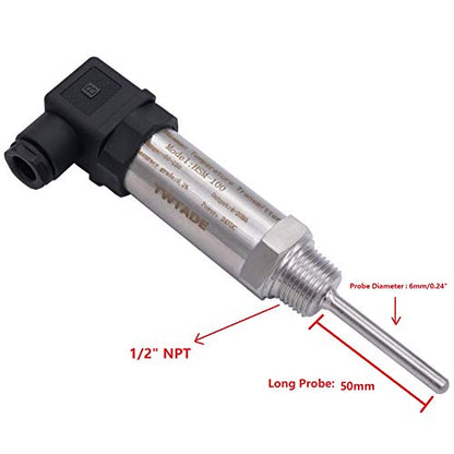 TWTADE Industrial Temperature Sensor Temperature Transmitter -50°C~+150°C, 2-Wire 4-20mA Signal Output 1/2" NPT, Male Thread, Probe Rod Length: 50MM