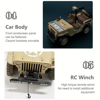 RC Off-Road Truck, HG4-58 U.S. Willys 1/14 Scale 4WD, 2.4GHz Dual-Speed, Sound & Lights, Charging Protection, RTR Gift for Model Car Lovers - color: Army Green
