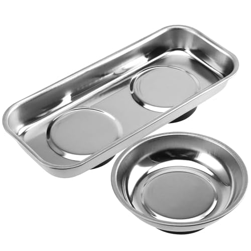 SINJEUN 10 Pieces Rectangle Magnetic Part Tray, 2 Sizs Magnetic Tray Set 6x2.55x1 and 2.95x1 Inch Stainless Steel Magnetic Tray Holder for Screws, Nut, Bolt and Metal Part - size: Rectangle + Round