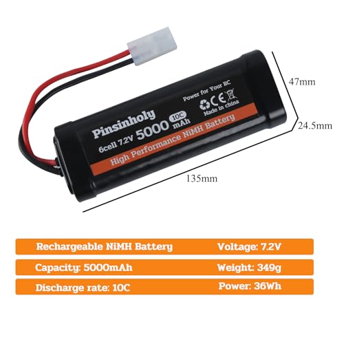 7.2V 5000mAh NiMH Rechargeable Battery with Tamiya Connector for RC Car RC Truck Compatibility with Associated Tamiya HPI Losi Kyosho Hobby Models