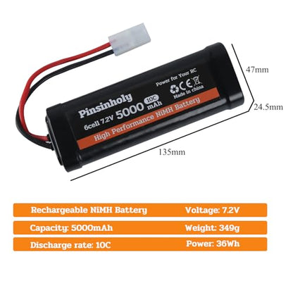 7.2V 5000mAh NiMH Rechargeable Battery with Tamiya Connector for RC Car RC Truck Compatibility with Associated Tamiya HPI Losi Kyosho Hobby Models