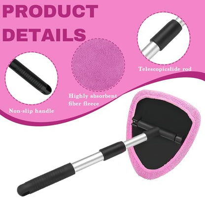 Car Window Cleaner, Car Cleanser Brush, Car Accessories Car Cleaning Supplies Tools, Car Cleaning Kit with Extendable Handle, Microfiber Cloth, Spray Bottle, Fits All Cars (Pink) - color: Pink