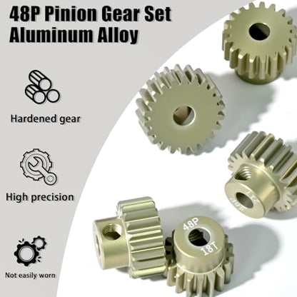 5Pcs 48P Aluminum Alloy Pinion Gear Set 3.175mm 18T 19T 20T 21T 22T Motor Pinion Gear W/ M4 Screw and Hex Key, Fit 3.175mm (1/8-Inch) Shaft, for Arrma HPI Kyosho Losi Axial Traxxas Tamiya 1/10 RC Car - size: 48P-P-3.175mm-18-22T