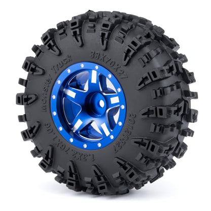 4PCS 1.3" Beadlock Wheel Tires Set Aluminum 1.3inch 5-Spoke Beadlock Wheel Hub Wheel Rim 7mm Hex ＆ 70mm/2.76inch Rubber Crawler Tires for 1/18 1/24 RC Crawler Car SCX24 TRX4M (Blue) - color: Blue
