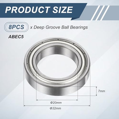 uxcell 8Pcs 6804ZZ 20mmx32mmx7mm Deep Groove Ball Bearings, Double Metal Shielded Bearing Steel ABEC5 High Performance for Industrial Machinery Precision Transmission, Silver - size: 6804ZZ 20mmx32mmx7mm