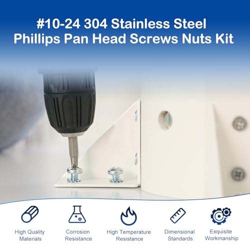 206Pcs #10-24 x 1/4" to 1-1/4" Pan Head Machine Screws Nuts Washers Kit | 304 Stainless Steel, UNC Fully Threaded Phillips Drive, 8 Lengths for Furniture Cabinet, Electrical Appliances Repair - size: #10-24
