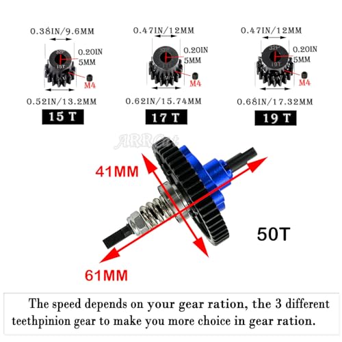 50T Metal Slipper Clutch Spur Gear&Center Drive Shaft Upgrades Part for 1/10 Slash 4X4 VXL,ARRCat Full Metal 50T (32-Pitch) Spur Gear Differential Gear w/ 19T 17T 15T Pinions,Navy Blue - color: Navy Blue (50T)