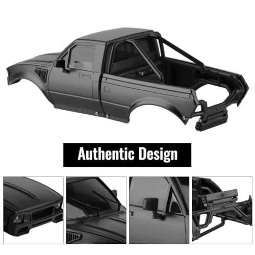 Hard Pickup Body Shell with Bed Rack for 1/24 SCX24 RC Crawler | With dual interchangeable grilles, magnetic flip-up design easy maintenance - color: Black