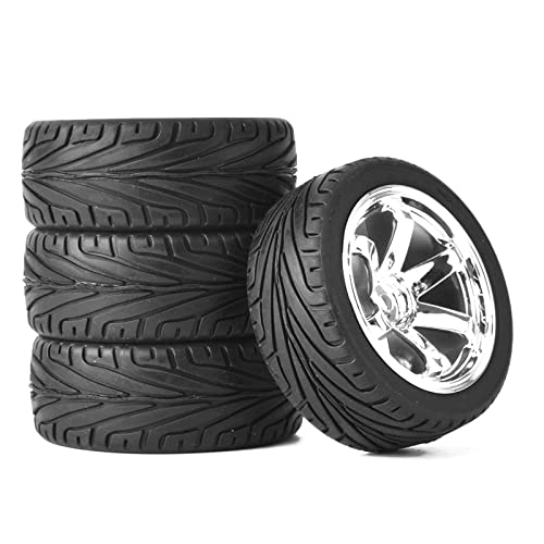 4PCS RC Car Rubber Tires and Plastic Wheels Rims Compatible with 1/10 Scale On Road Touring Racing Flat Drift Car for HSP HPI Tamiya(Silver) - color: Silver