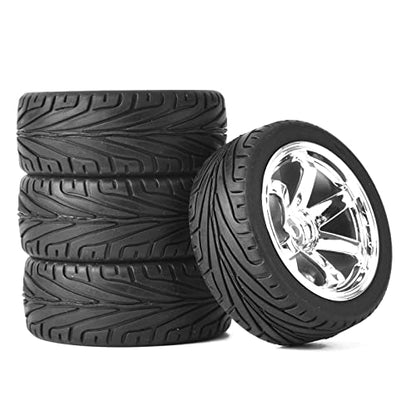 4PCS RC Car Rubber Tires and Plastic Wheels Rims Compatible with 1/10 Scale On Road Touring Racing Flat Drift Car for HSP HPI Tamiya(Silver) - color: Silver