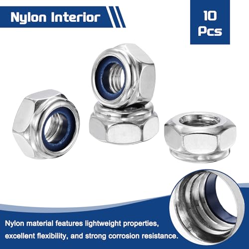 10Pcs Nylon Locking Hex Nuts - [M10-1.5], 304 Stainless Steel Hardware Nuts, Silver, for Automotive, Aerospace, Industrial Applications Use - color: Silver, size: M10x1.5mm