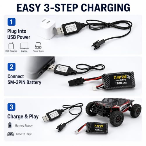 7.4V SM-3PIN RC Car Charger for Li-Ion Battery | Fast Charging & Overcharge Protection | Compatible with Remote Control Toys Battery, Universal Charger for 2S 7.4V LiPo/Li-Ion Batteries (2Pack)