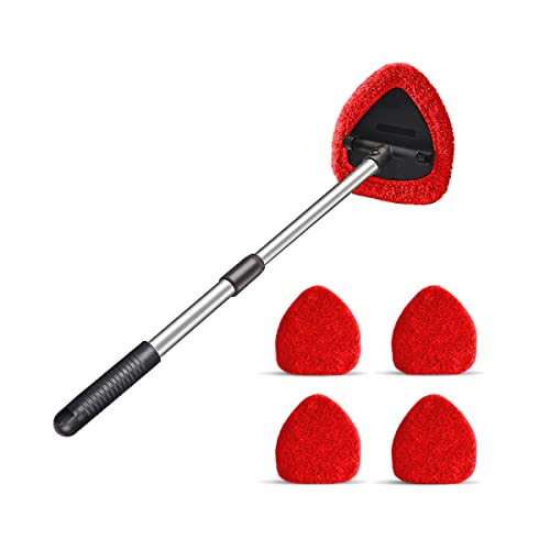 Moly Magnolia Windshield Cleaner Tool, 4 Pads, 19.29 Inch Reach, Red | For sedans, SUVs, trucks, washable microfiber covers, 180° swivel head, aluminum shaft, PP grip, car interior accessories - color: Red