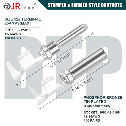 JRready Deutsch DTP Connector Terminal Kit Size 12, Male Pins 1060-12-0166 / Female Sockets 1062-12-0166 Open Barrel Style Contacts for Wire Gauge 12-14 AWG, ST6254-100 Stamped & Formed Contacts - size: #12 Stamped Contacts(12-14AWG) 25A (Max)