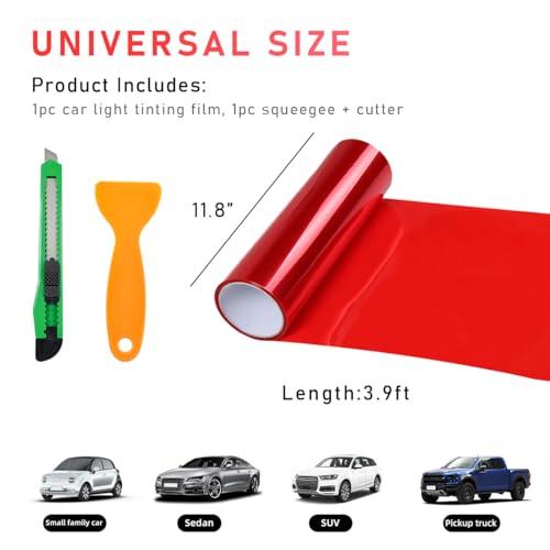 povtii Tint Vinyl Film Sticker Sheet Roll for Car Headlight, 12×48 Inch Auto Taillight Vinyl Wrap Film, Self Adhesive Fog Light Vinyl Film with Squeeze & Cutter, Car Accessories (Red) - color: Red