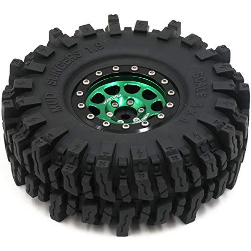RC 1.9 Mud Slingers Tires Soft Sticky Tyre 120mm & 1.9 Beadlock Wheel Green Black For 1/10 Rock Crawler Axial SCX10 Capra Traxxas TRX4 Redcat Gen8, (4-Pack) - color: Green & Black
