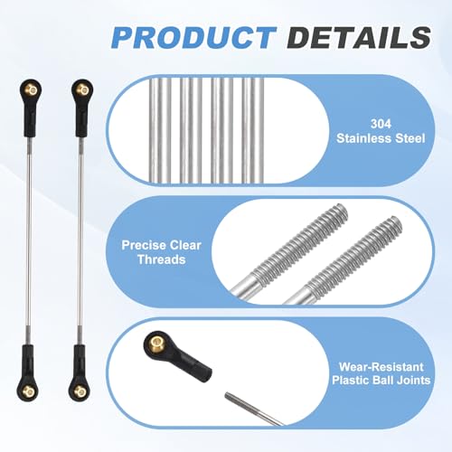 MECCANIXITY 2Pcs RC Boat Push Rod, 304 Stainless Steel Lever Steering Linkage Tie Rods with M2 Ball Head Joint for RC Car Boat Helicopter DIY Model Parts, 98-108mm - size: 98-108mm