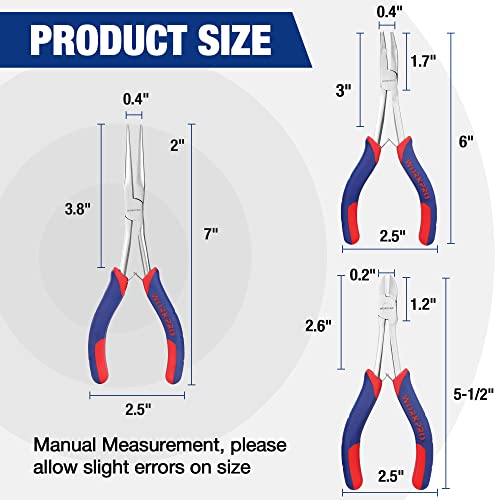 WORKPRO 3PCs Mini Pliers Set, Needle/Bent/Diagonal, 7"/6"/5.5" | Small Long Reach, for Narrow & Hard-to-Reach Spaces