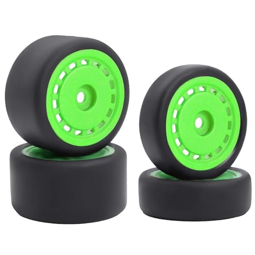 4PCS Pre-Glued On-Road Drift Racing Smooth Rubber Tires and Wheel Rims Set 7MM Hexagon for 1/24 Losi Micro-B RC Car Upgrades Parts (Green) - color: Green