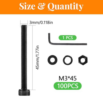 100 Pcs M3 x 45mm Socket Head Screws, Grade 12.9 Alloy Steel Fully Threaded Machine Screws, Metric Bolts Assortment Kit for Furniture Assembly - size: M3x45mm-100pcs