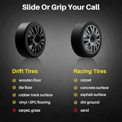 Geyiie 2 Pack RC Drift Cars for Kids, Complete 2-Player Racing Set | 1:24 scale, LED lights, 4 batteries, drift and grip tires, barriers and challenge cards for indoor racing on wood and tile