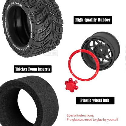 RC Truck Wheel and Tires for 1/16 SUMMIT E-REVO GORGON GROM MINI KRATON M-J-X H-B-X S-C-Y RC Car,Monster Truck Car Wheel Tires w/Plastic Wheels Rim,Soft Tire Highway Wheels (4PCS),Black and Red - color: Black-red(rc Wheels Tires)