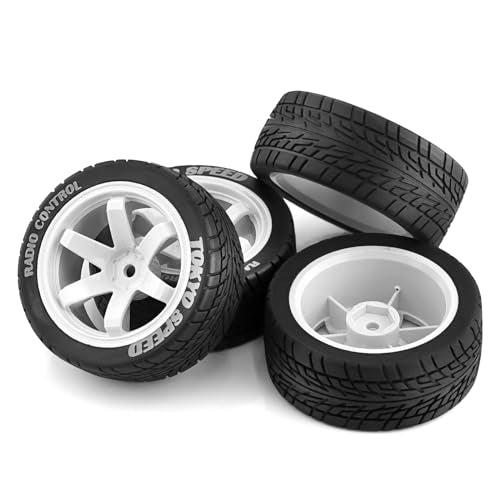 4PCS 1/10 RC Rubber On-Road Tires(6-Spokes) 12mm Hex Plastic Wheel Hub 67mm Wheel Tires Set for 1/10 Traxxas HSP 94122 Kyosho Tamiya FW06 TT02 HPI